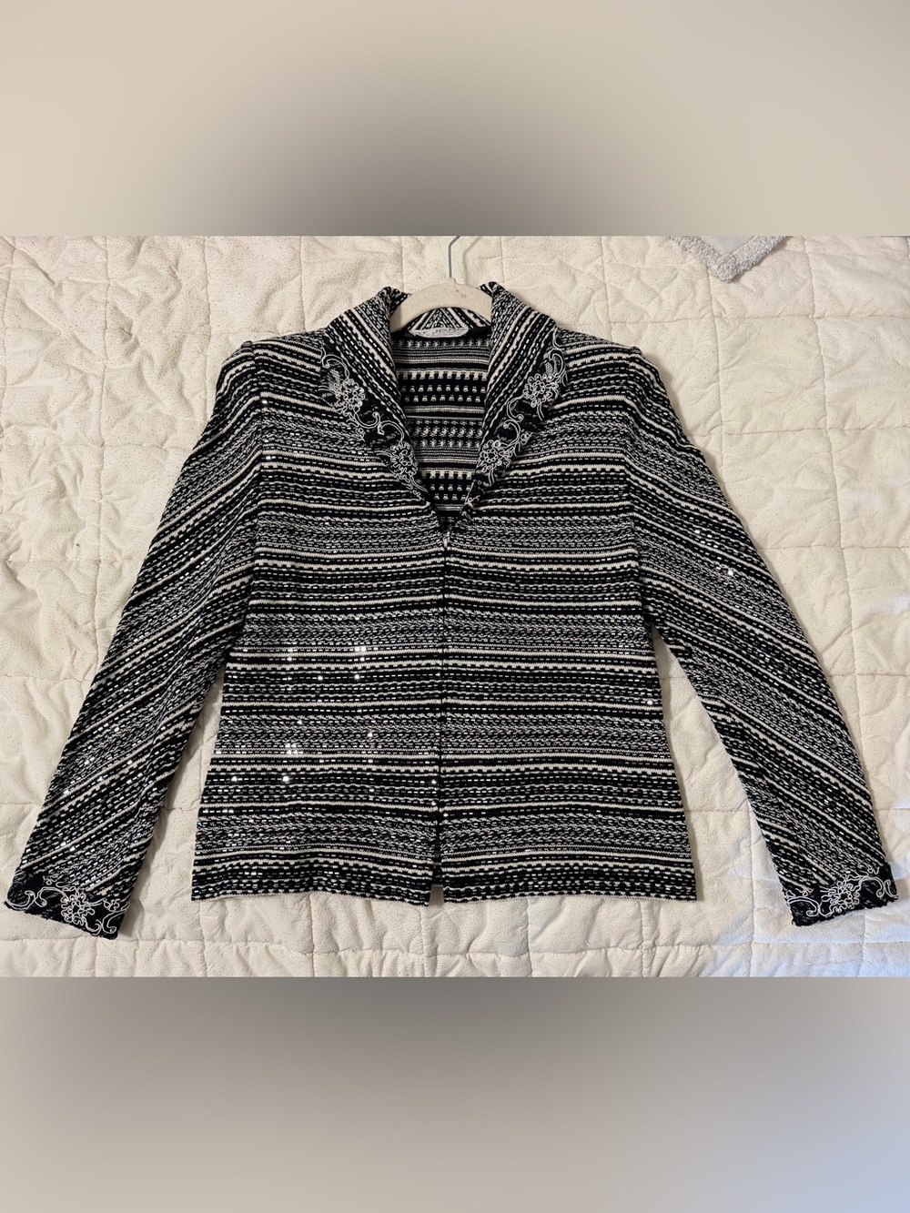 St. John Black Ivory Paillette Sequin Knit Jacket Embroidered Vintage